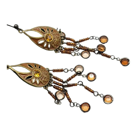 Darlene Group Bohemian Style Champagne Glass Bead Graduated Dangle Earrings Taup - Picture 3 of 4